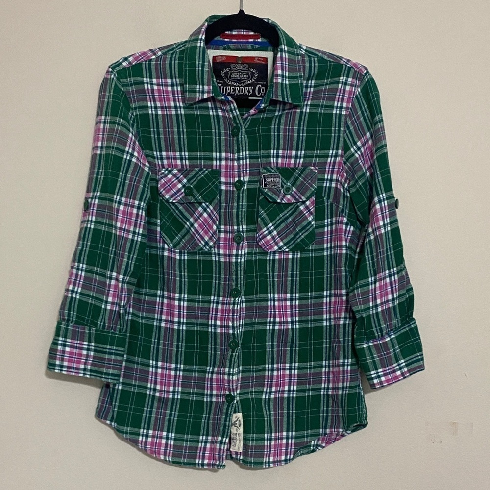 Superdry Plaid Shirt Green Pinky women am casual festival soft Y2k office